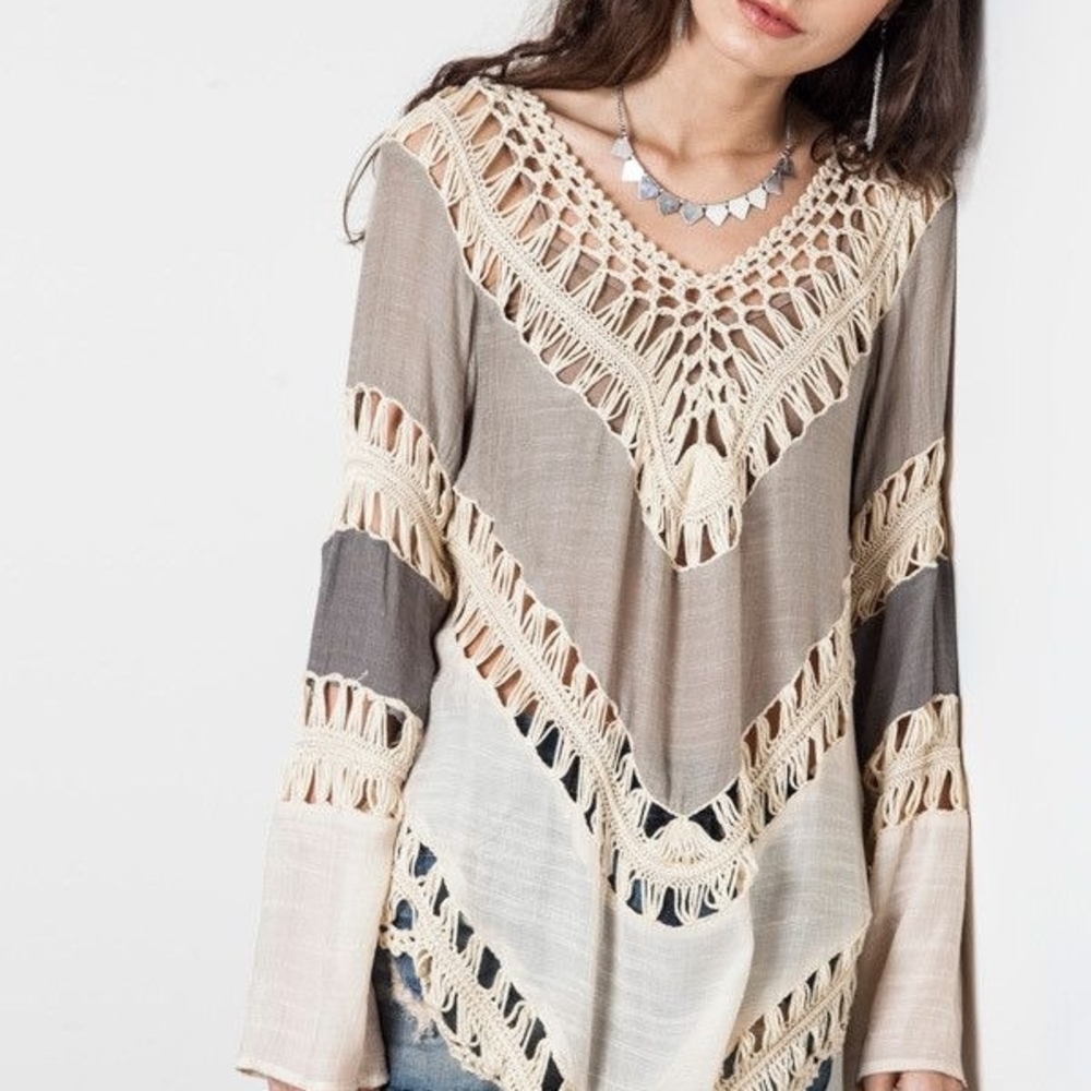 Boho Crochet Accent Taupe and Cream Women's Top